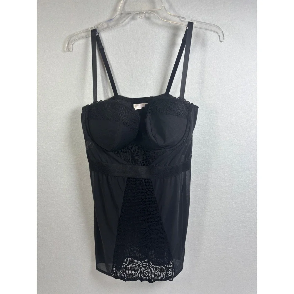 Cacique Black Mesh Lace Underwire Chemise Nightgown Adjustable Straps 18/20